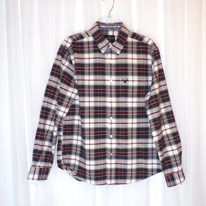 American Eagle Button Plaid Flannel Shirt Men Lg Black White Classic Fit Cowboy
